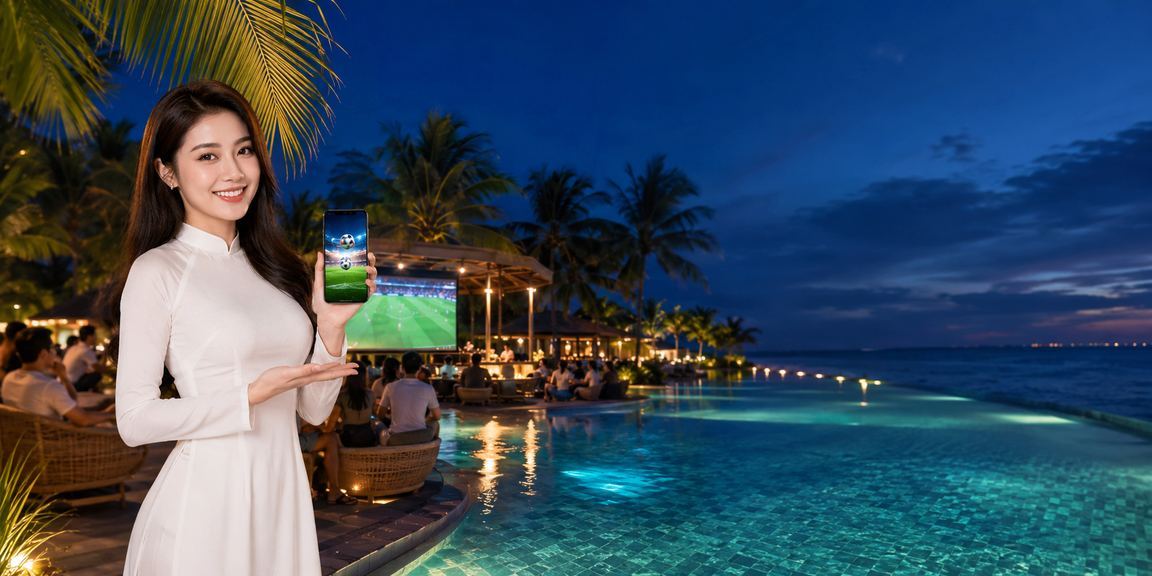 Người chơi theo dõi kèo bóng đá trên điện thoại tại bãi biển Mũi Né